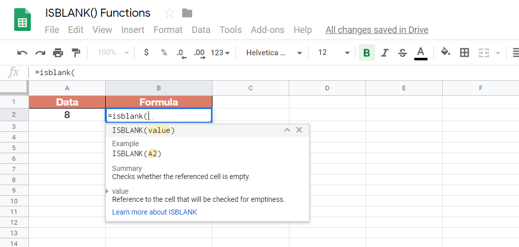 use isblank functions in google sheets
