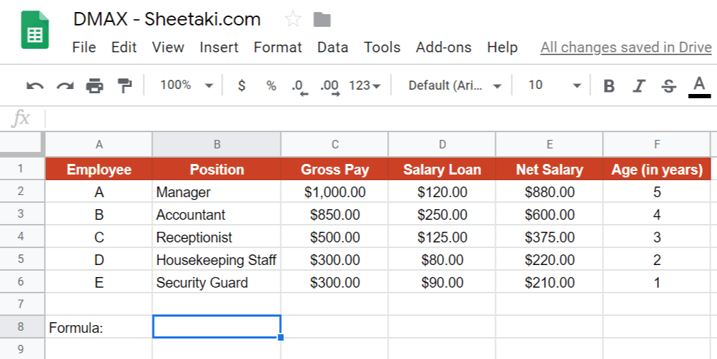 DMAX Function in Google Sheets