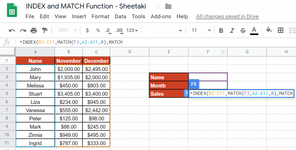 INDEX and MATCH Function in Google Sheets