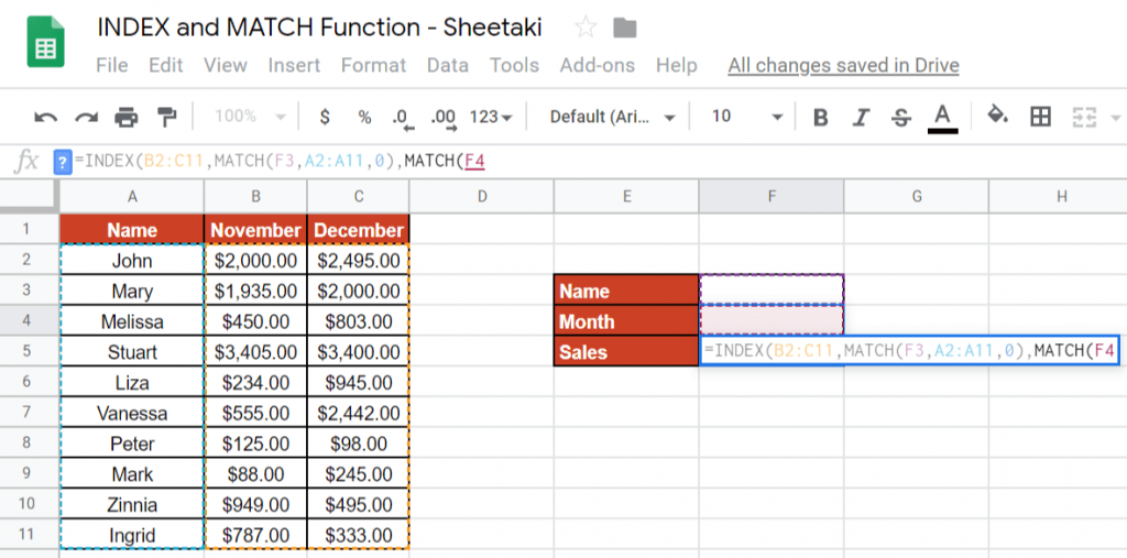 INDEX and MATCH Function in Google Sheets