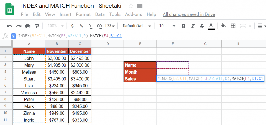 INDEX and MATCH Function in Google Sheets