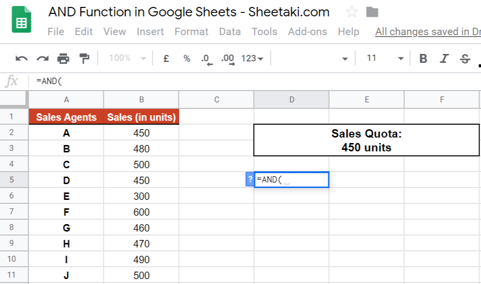 AND Function in Google Sheets
