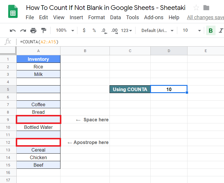 Count If Not Blank in Google Sheets