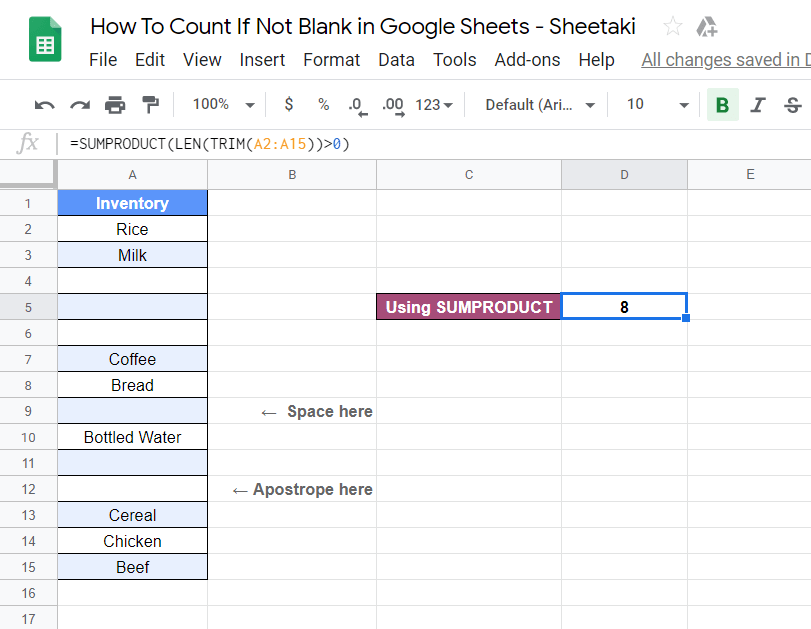 Count If Not Blank in Google Sheets