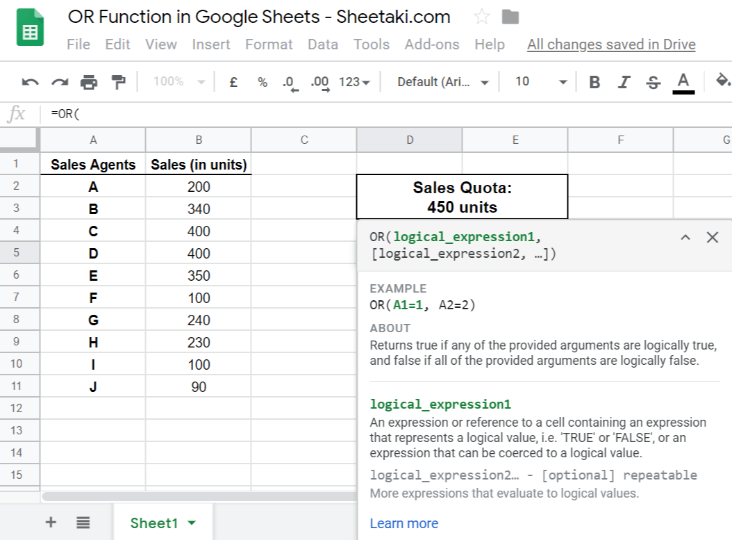 OR Function in Google Sheets
