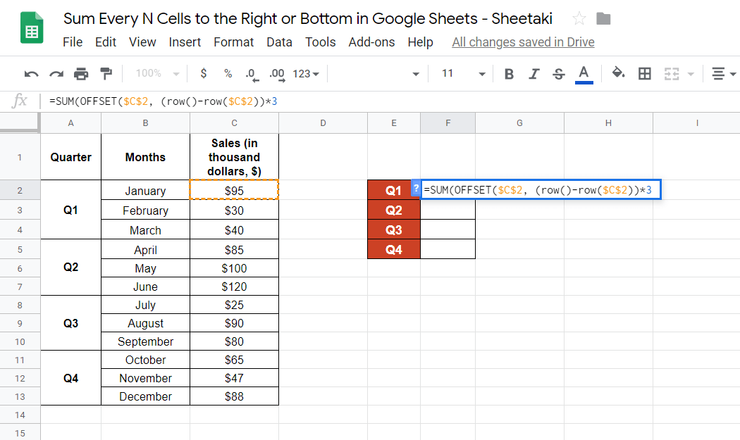 Sum Every N Cells to the Right or Bottom in Google Sheets