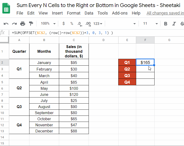 Sum Every N Cells to the Right or Bottom in Google Sheets