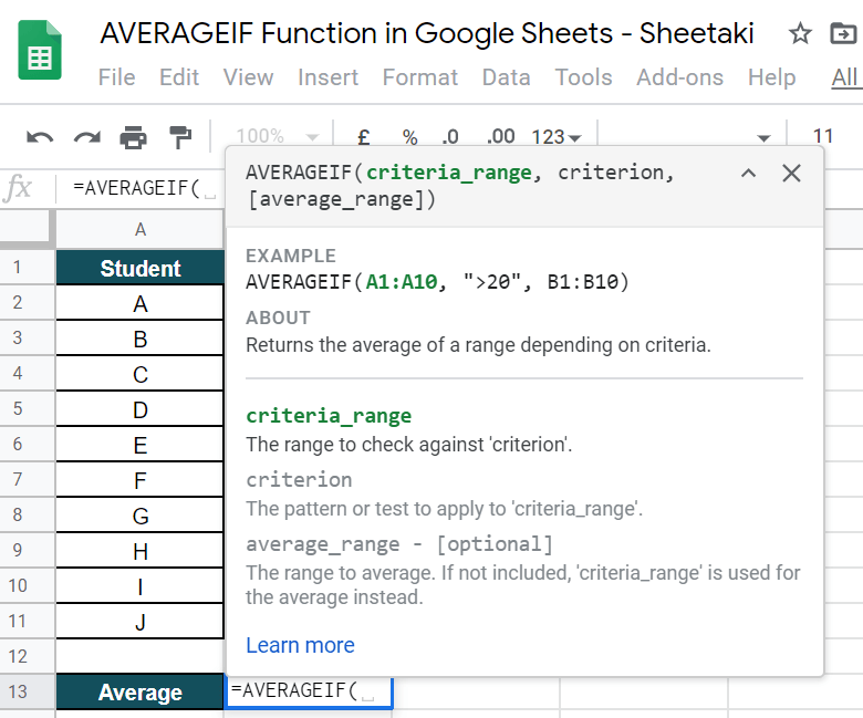 AVERAGEIF Function in Google Sheets