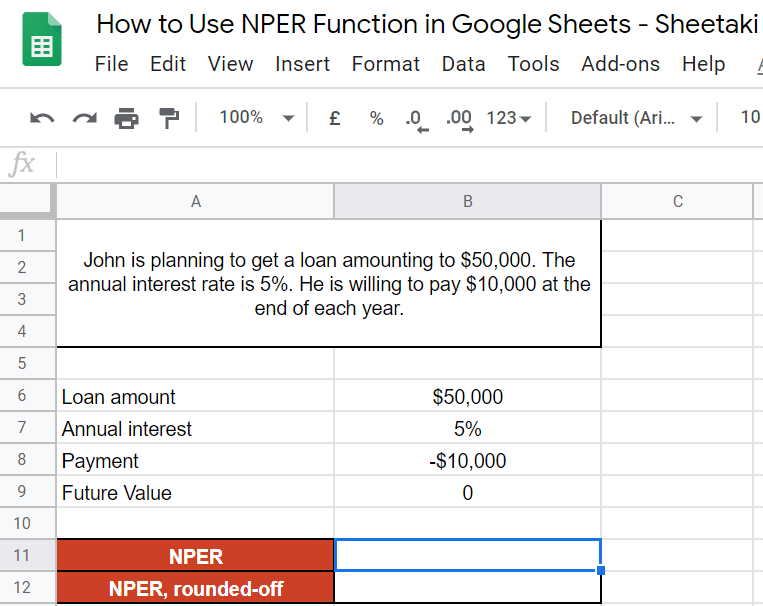 NPER Function in Google Sheets