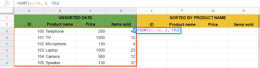 SORT Function in Google Sheets
