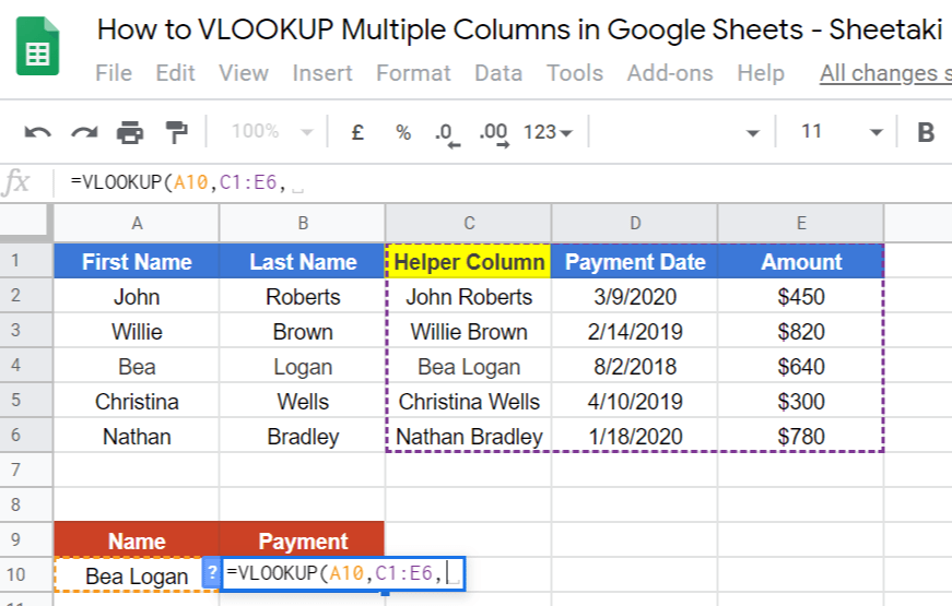 VLOOKUP Multiple Columns in Google Sheets