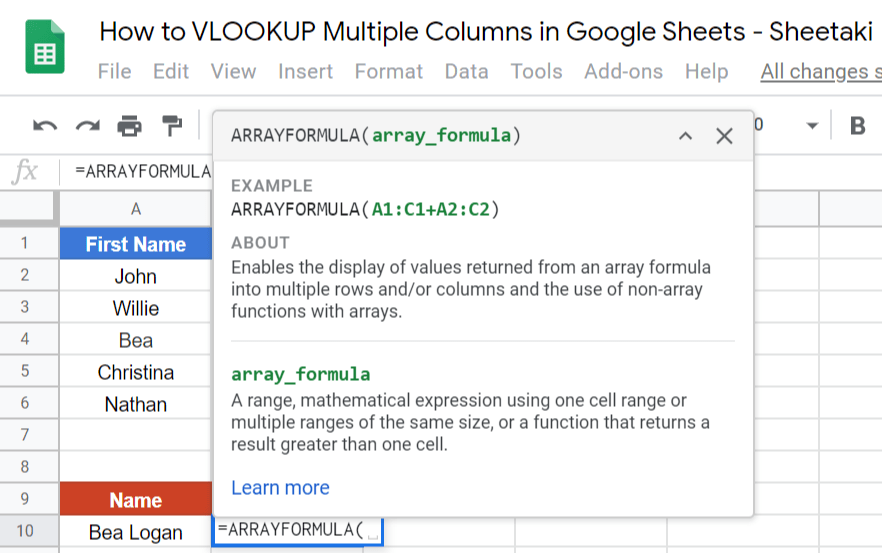 VLOOKUP Multiple Columns in Google Sheets
