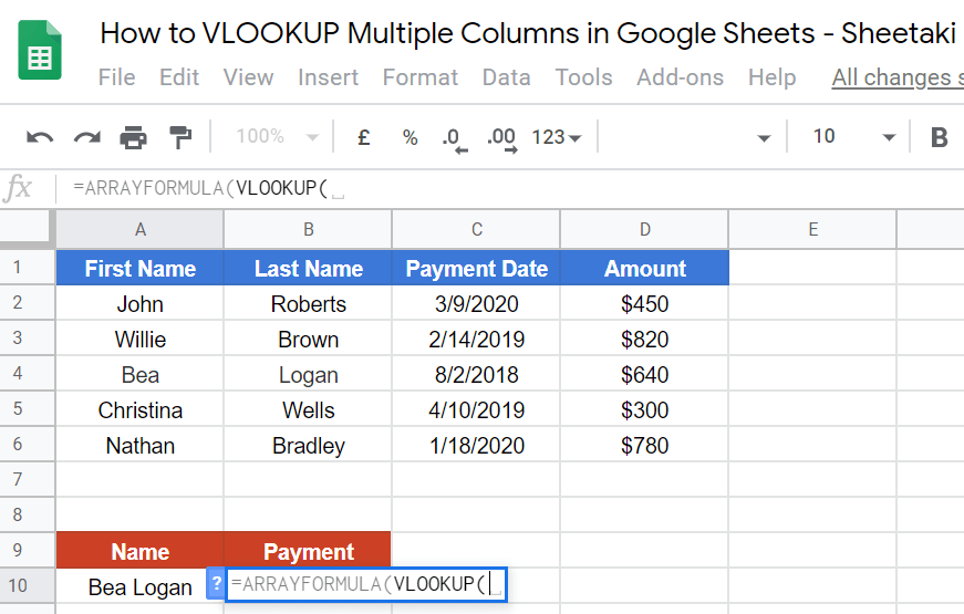 VLOOKUP Multiple Columns in Google Sheets
