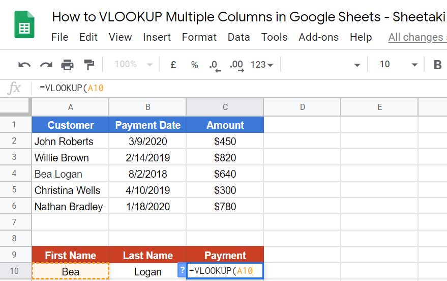 VLOOKUP Multiple Columns in Google Sheets