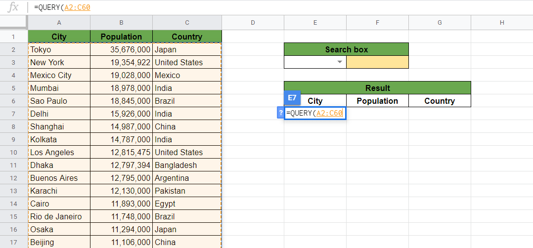 Create a Search Box Using QUERY in Google Sheets