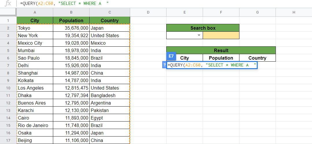 Create a Search Box Using QUERY in Google Sheets
