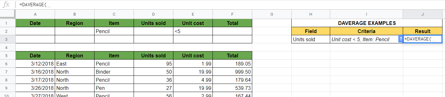 DAVERAGE Formula in Google Sheets