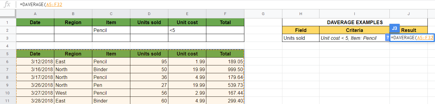 DAVERAGE Formula in Google Sheets