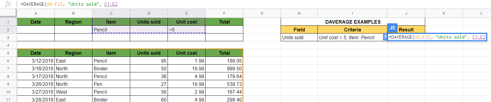 DAVERAGE Formula in Google Sheets