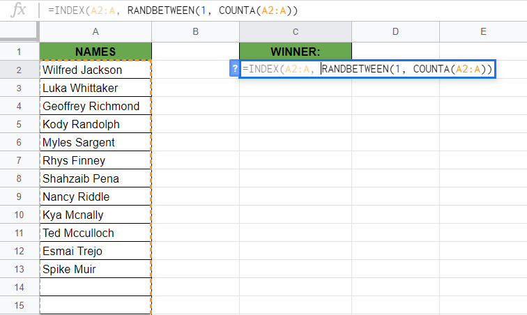 Pick a Random Name from a Long List in Google Sheets