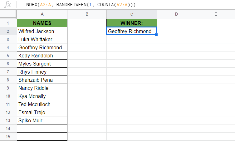 Pick a Random Name from a Long List in Google Sheets