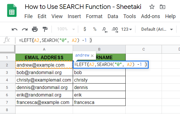 Using SEARCH and LEFT Function in Google Sheets