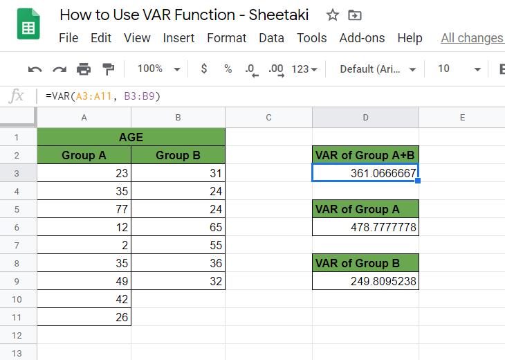 VAR Function in Google Sheets