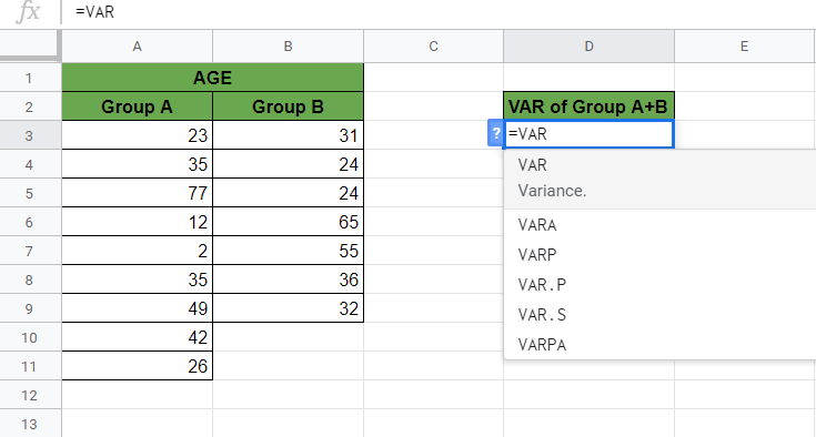 VAR Function in Google Sheets