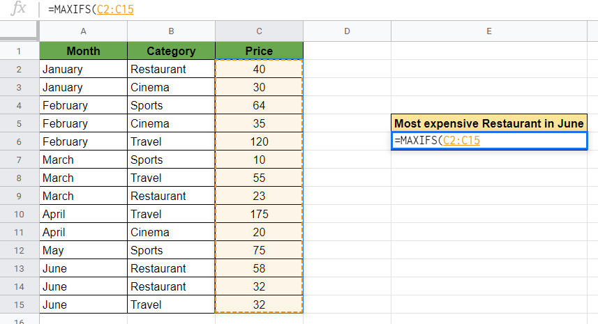 MAXIFS Function in Google Sheets