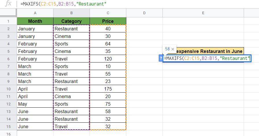 MAXIFS Function in Google Sheets