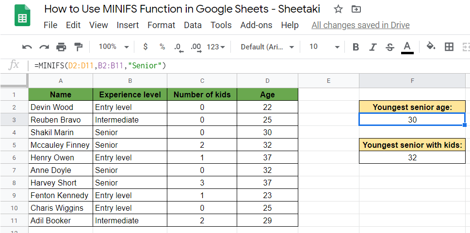 MINIFS Function in Google Sheets