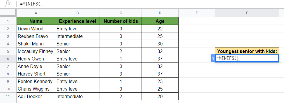 MINIFS Function in Google Sheets