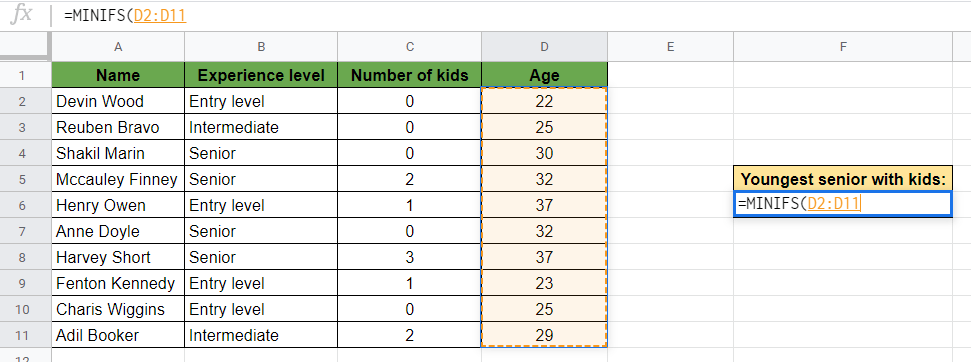 MINIFS Function in Google Sheets