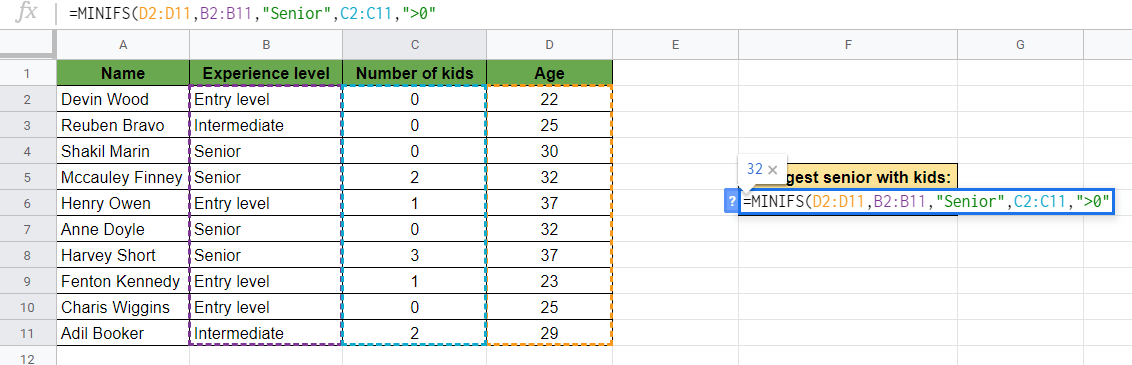 MINIFS Function in Google Sheets