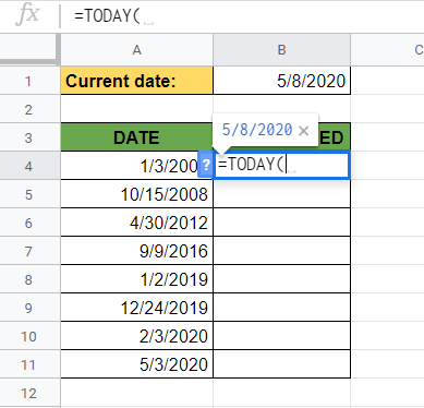 TODAY Function in Google Sheets