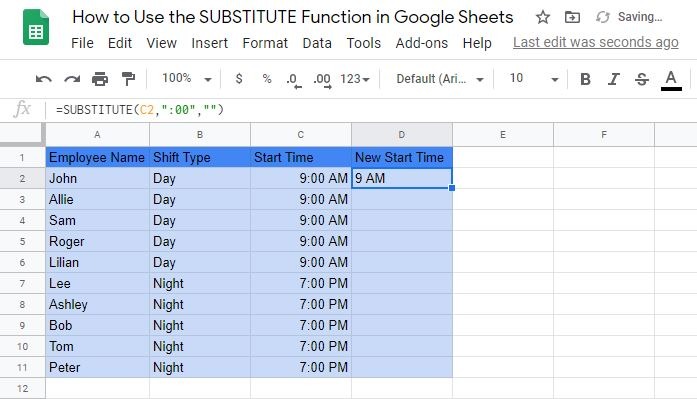SUBSTITUTE Function in Google Sheets