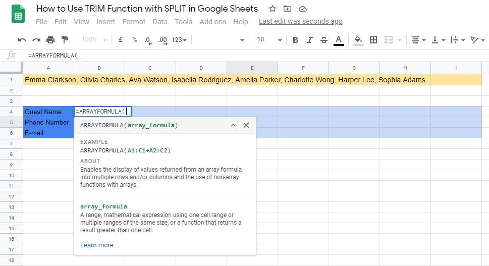 TRIM Function with SPLIT in Google Sheets