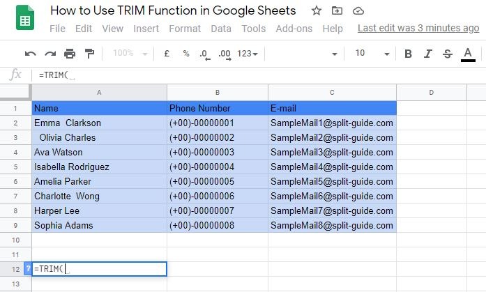 TRIM Function with SPLIT in Google Sheets