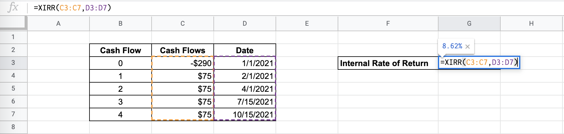 How to use XIRR Function in Google Sheets