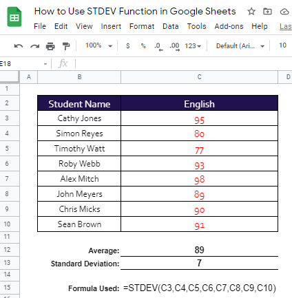 how to use STDEV function in Google Sheet