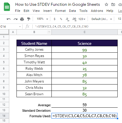 how to use STDEV function in Google Sheet