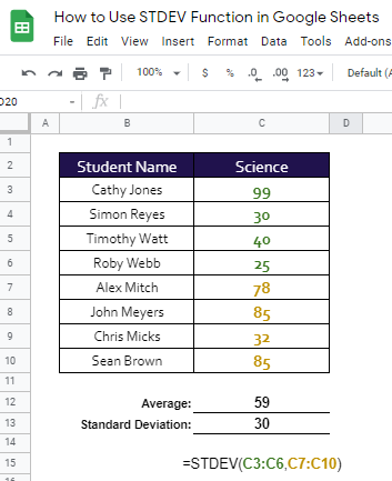 how to use STDEV function in Google Sheet