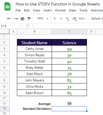 how to use STDEV function in Google Sheet