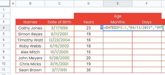 How to use DATEDIF function in Google Sheets