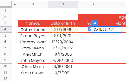 How to use DATEDIF function in Google Sheets