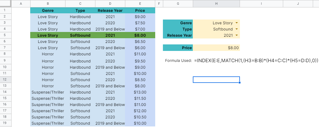 How to use INDEX and MATCH function with Multiple Criteria in Google Sheets