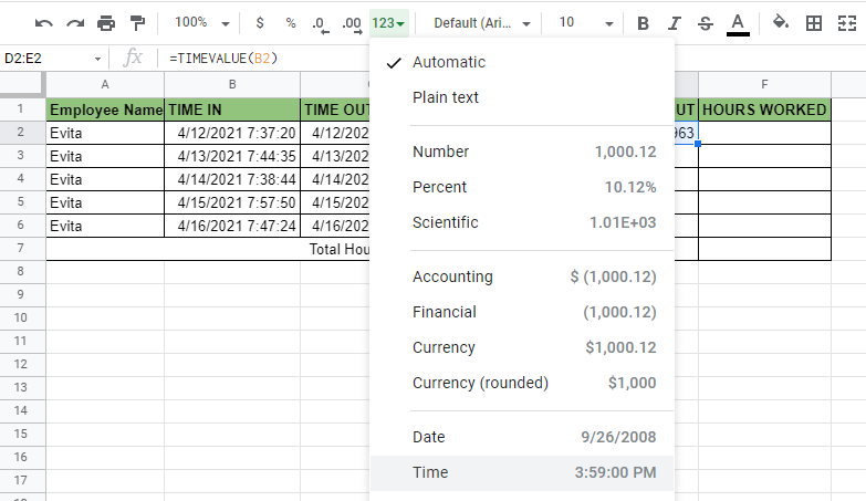 How to use TIMEVALUE function in Google Sheets