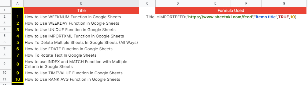 How to use IMPORTFEED function in Google Sheets