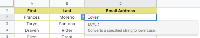 How to use LOWER function in Google Sheets