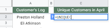 How to use UNIQUE function in Google Sheets